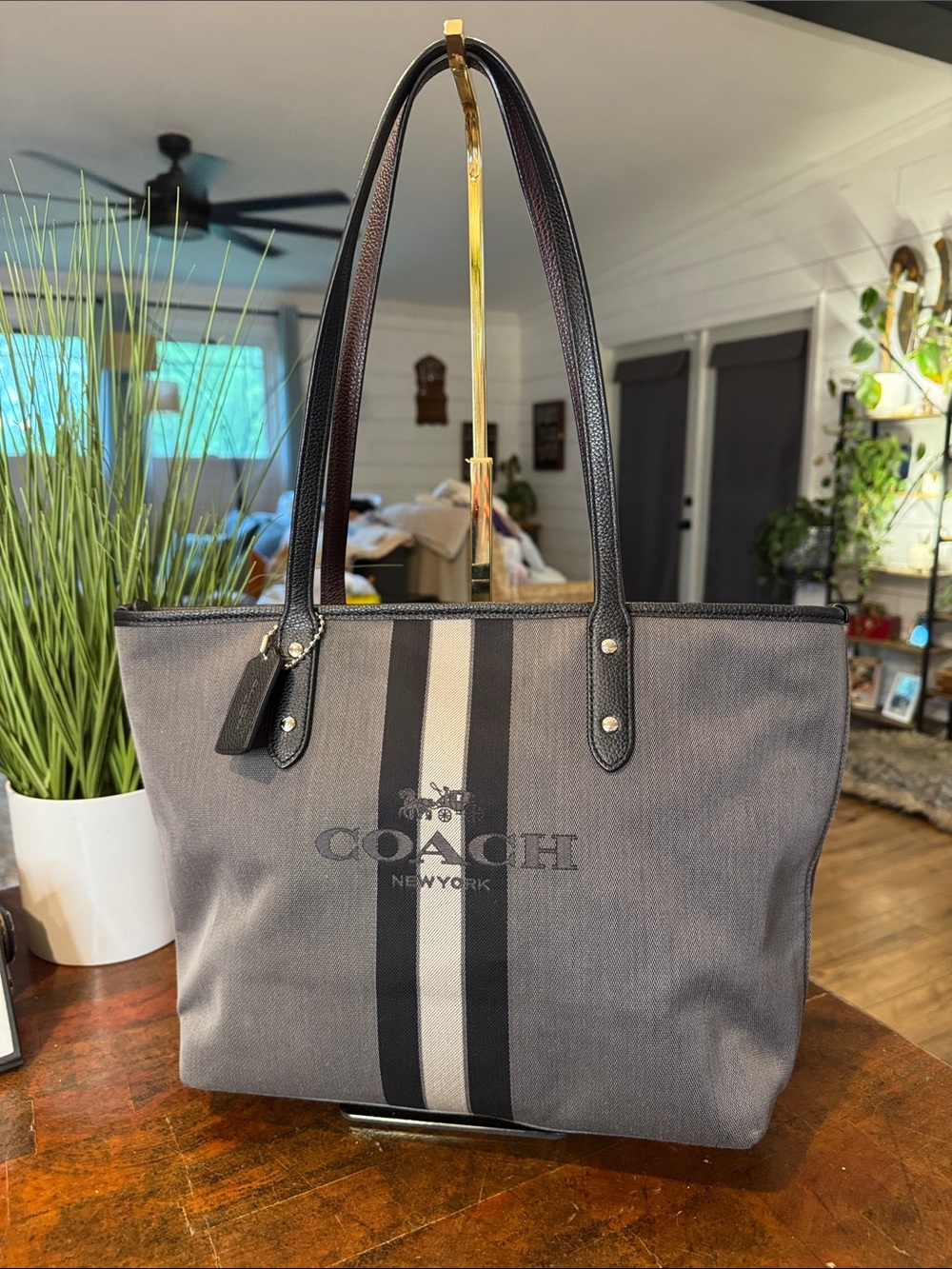 Coach Gray Canvas Tote with Center Stripe